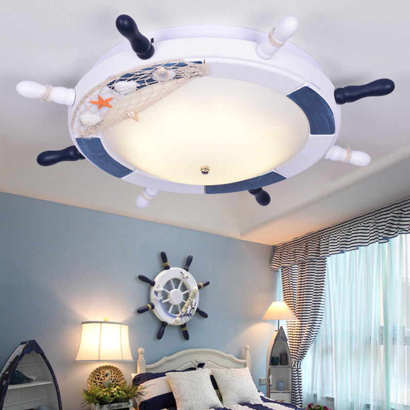 Rudder Wooden Flush Mount Lamp Nautical Style LED White Ceiling Mounted Light with Frosted Glass Shade White Clearhalo 'Ceiling Lights' 'Close To Ceiling Lights' 'Close to ceiling' 'Flush mount' Lighting' 216649