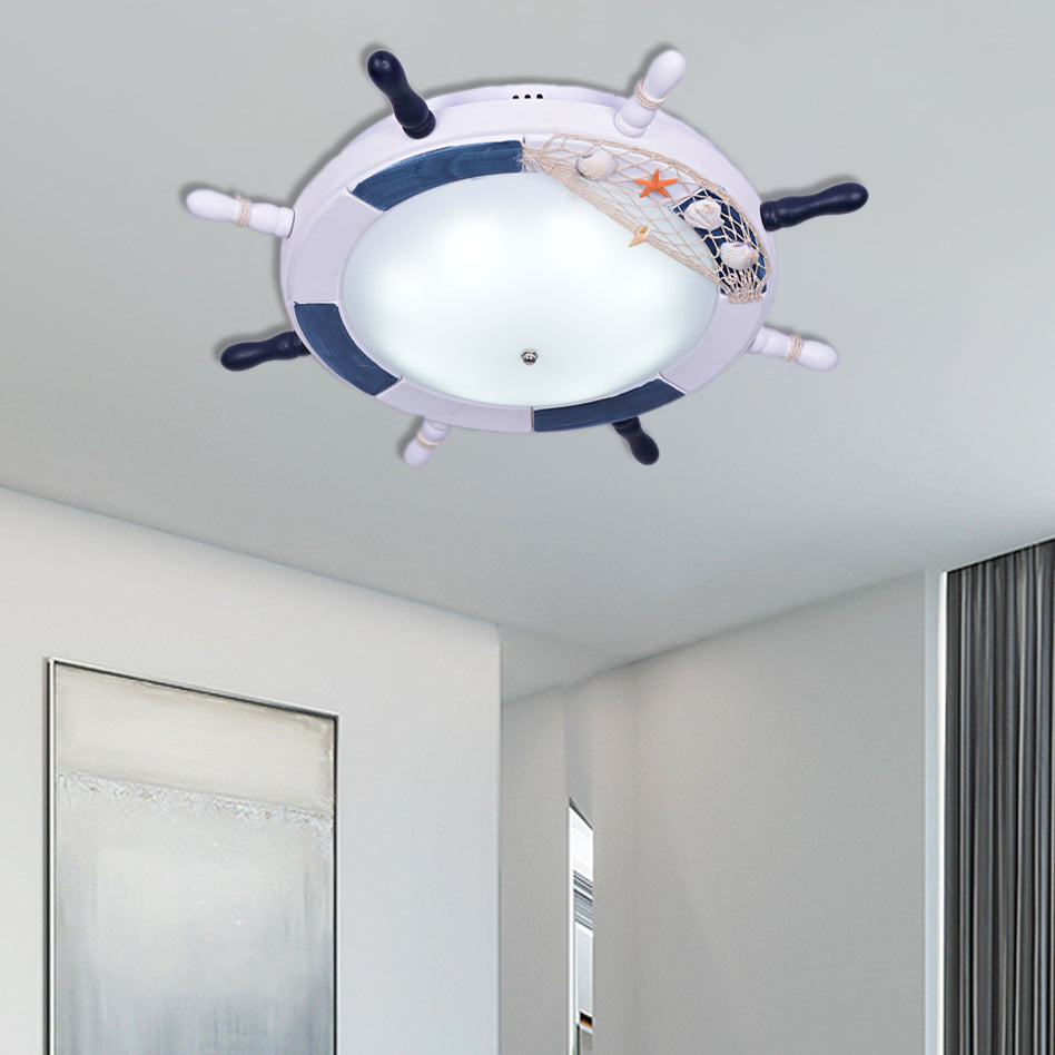 Rudder Wooden Flush Mount Lamp Nautical Style LED White Ceiling Mounted Light with Frosted Glass Shade Clearhalo 'Ceiling Lights' 'Close To Ceiling Lights' 'Close to ceiling' 'Flush mount' Lighting' 216650