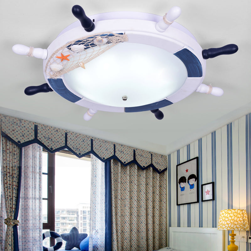 Rudder Wooden Flush Mount Lamp Nautical Style LED White Ceiling Mounted Light with Frosted Glass Shade Clearhalo 'Ceiling Lights' 'Close To Ceiling Lights' 'Close to ceiling' 'Flush mount' Lighting' 216651