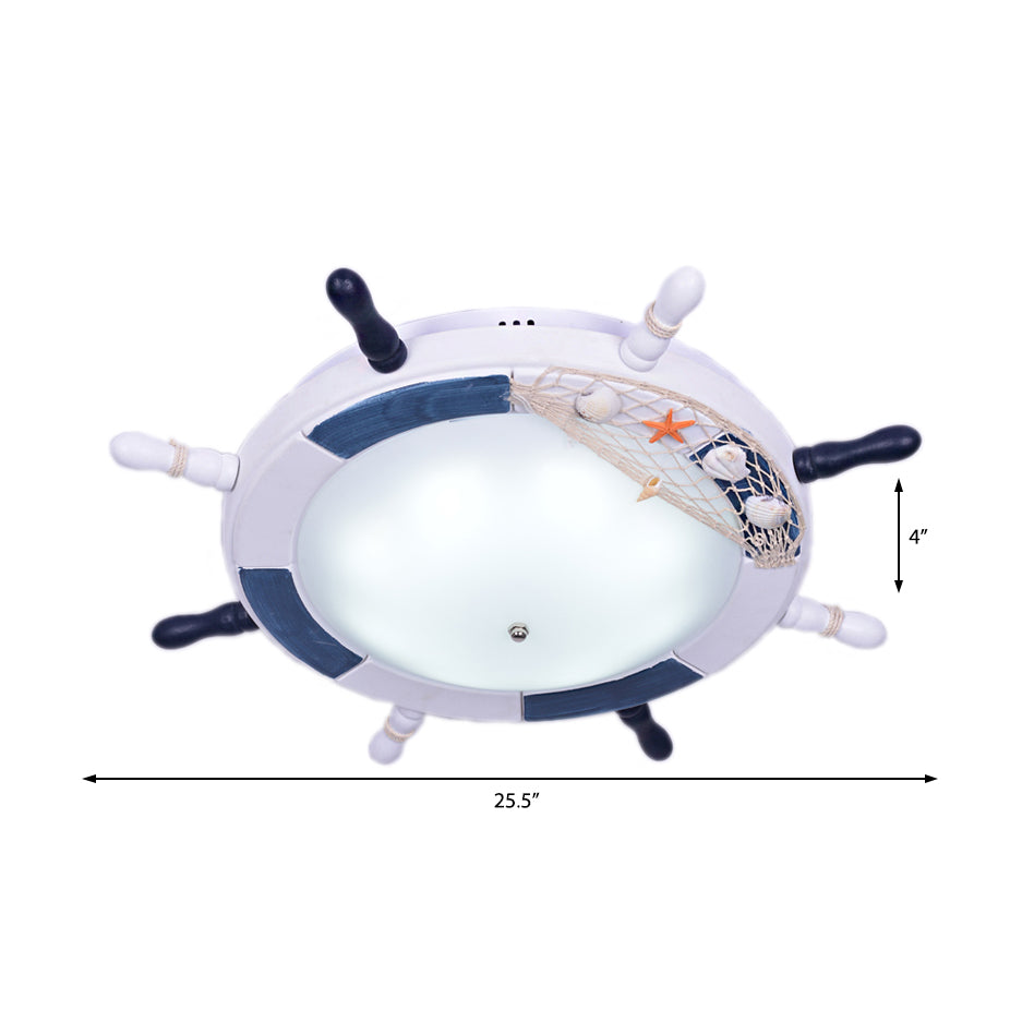 Rudder Wooden Flush Mount Lamp Nautical Style LED White Ceiling Mounted Light with Frosted Glass Shade Clearhalo 'Ceiling Lights' 'Close To Ceiling Lights' 'Close to ceiling' 'Flush mount' Lighting' 216653