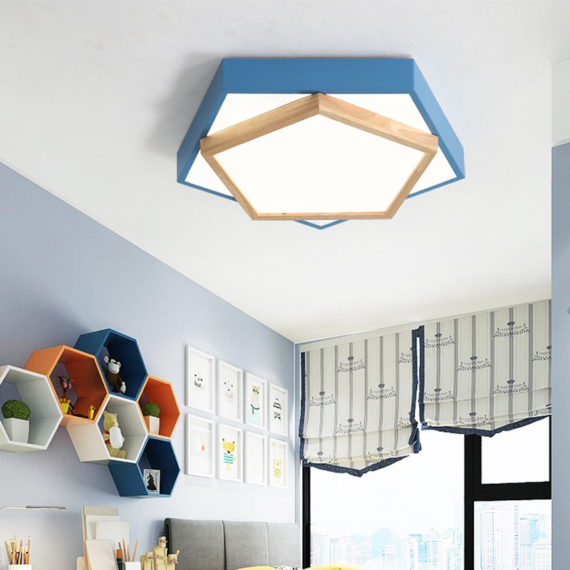 Pentagon Flush Mount Macaron Acrylic Pink/Blue/Green LED Flush Mount Lamp in White/Warm/Natural Light, 14"/18"/21.5" Wide Blue Clearhalo 'Ceiling Lights' 'Close To Ceiling Lights' 'Close to ceiling' 'Flush mount' Lighting' 216674