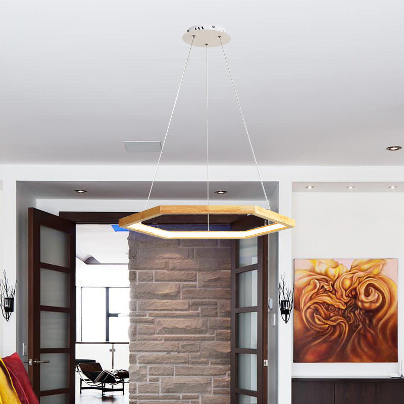 Hexagonal Pendant Chandelier Contemporary Acrylic LED Light/Dark Wood Hanging Ceiling Light, 16"/19.5"/23.5" Wide Clearhalo 'Carpenter Chandeliers' 'Ceiling Lights' 'Chandeliers' 'Industrial' 'Modern Chandeliers' 'Modern' Lighting' 216842