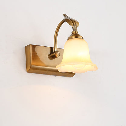 1/2/3 Lights Frosted Glass Vanity Light Traditional Brass Flared Bedroom Sconce with Gooseneck Arm 1.0 Brass Clearhalo 'Vanity Lights' 'Wall Lights' Lighting' 216861