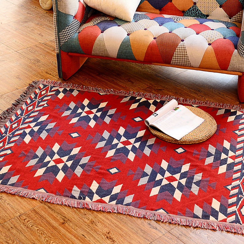 Red Living Room Area Rug Boho Rhombus Patterned Carpet Cotton Pet-Friendly Rug with Tassel Fringe Clearhalo 'Area Rug' 'Bohemian' 'Rugs' Rug' 2170331