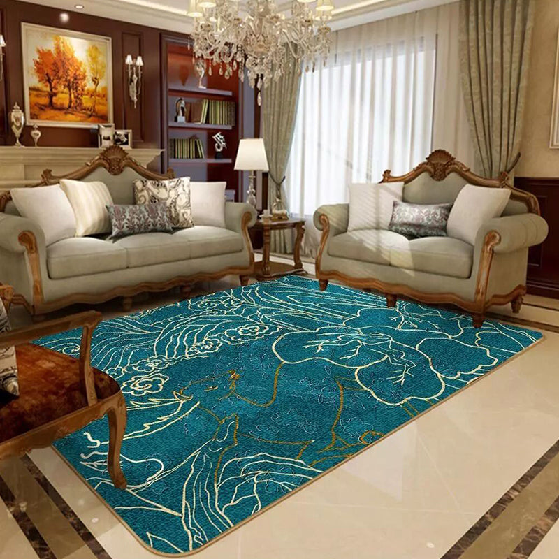 Glamour Drawing Print Rug Multicolor Chinoiserie Carpet Synthetics Pet Friendly Non-Slip Backing Washable Rug for Home Aqua Clearhalo 'Area Rug' 'Rug' 2170361