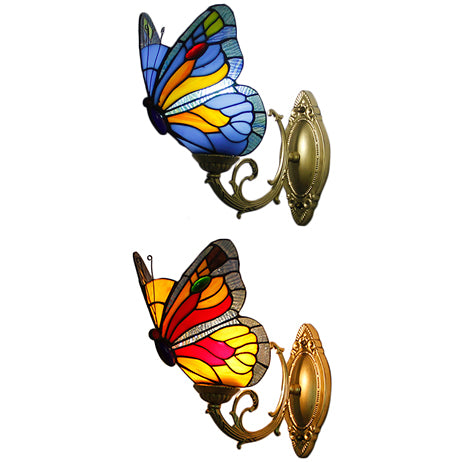Stained Glass Butterfly Sconce Light Country Style 1 Light Wall Mount Lighting in Red/Blue Clearhalo 'Industrial' 'Middle century wall lights' 'Tiffany wall lights' 'Tiffany' 'Wall Lamps & Sconces' 'Wall Lights' Lighting' 21709