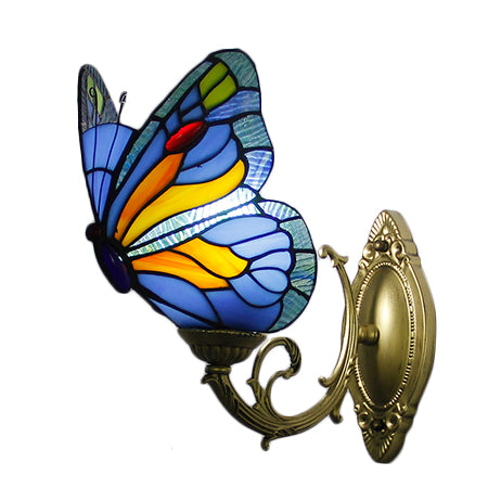 Stained Glass Butterfly Sconce Light Country Style 1 Light Wall Mount Lighting in Red/Blue Clearhalo 'Industrial' 'Middle century wall lights' 'Tiffany wall lights' 'Tiffany' 'Wall Lamps & Sconces' 'Wall Lights' Lighting' 21710