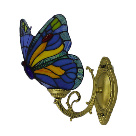 Stained Glass Butterfly Sconce Light Country Style 1 Light Wall Mount Lighting in Red/Blue Clearhalo 'Industrial' 'Middle century wall lights' 'Tiffany wall lights' 'Tiffany' 'Wall Lamps & Sconces' 'Wall Lights' Lighting' 21711