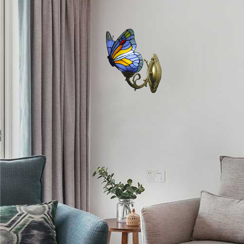 Stained Glass Butterfly Sconce Light Country Style 1 Light Wall Mount Lighting in Red/Blue Blue Clearhalo 'Industrial' 'Middle century wall lights' 'Tiffany wall lights' 'Tiffany' 'Wall Lamps & Sconces' 'Wall Lights' Lighting' 21712