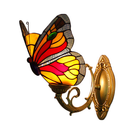Stained Glass Butterfly Sconce Light Country Style 1 Light Wall Mount Lighting in Red/Blue Clearhalo 'Industrial' 'Middle century wall lights' 'Tiffany wall lights' 'Tiffany' 'Wall Lamps & Sconces' 'Wall Lights' Lighting' 21713