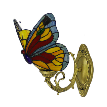 Stained Glass Butterfly Sconce Light Country Style 1 Light Wall Mount Lighting in Red/Blue Clearhalo 'Industrial' 'Middle century wall lights' 'Tiffany wall lights' 'Tiffany' 'Wall Lamps & Sconces' 'Wall Lights' Lighting' 21714