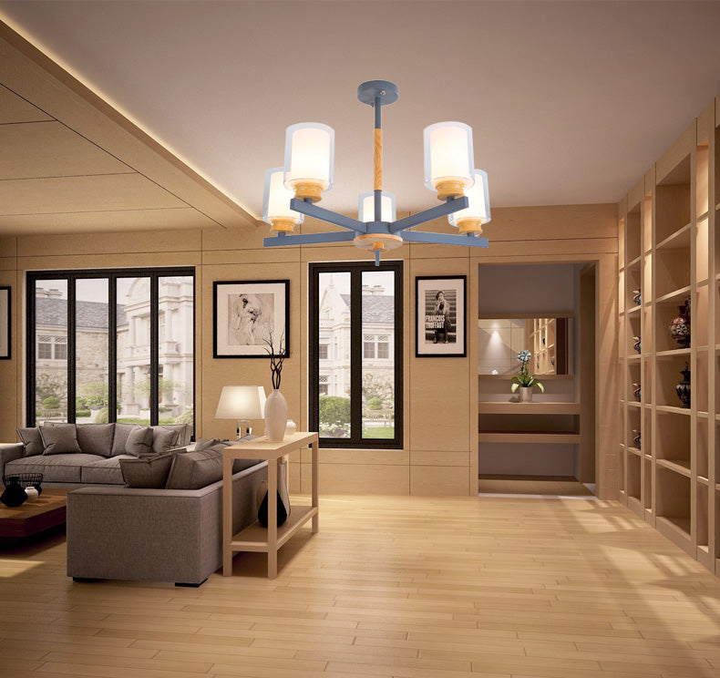 Cylinder Pendant Chandelier Nordic Opal Glass 3/5/6 Lights Grey/White Hanging Pendant Lamp for Living Room Clearhalo 'Ceiling Lights' 'Chandeliers' 'Glass shade' 'Glass' 'Modern Chandeliers' 'Modern' Lighting' 217156