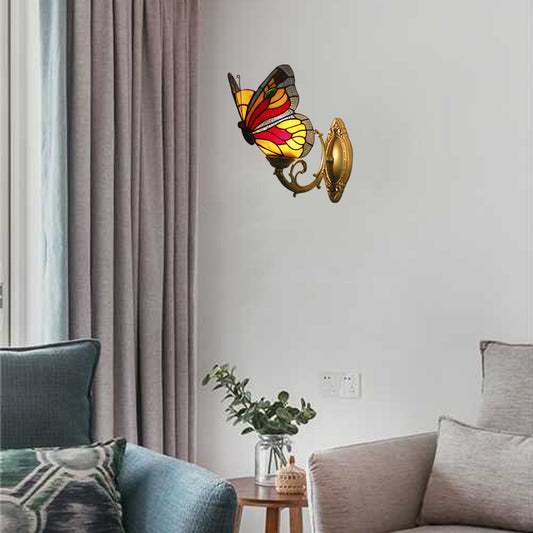 Stained Glass Butterfly Sconce Light Country Style 1 Light Wall Mount Lighting in Red/Blue Red Clearhalo 'Industrial' 'Middle century wall lights' 'Tiffany wall lights' 'Tiffany' 'Wall Lamps & Sconces' 'Wall Lights' Lighting' 21715