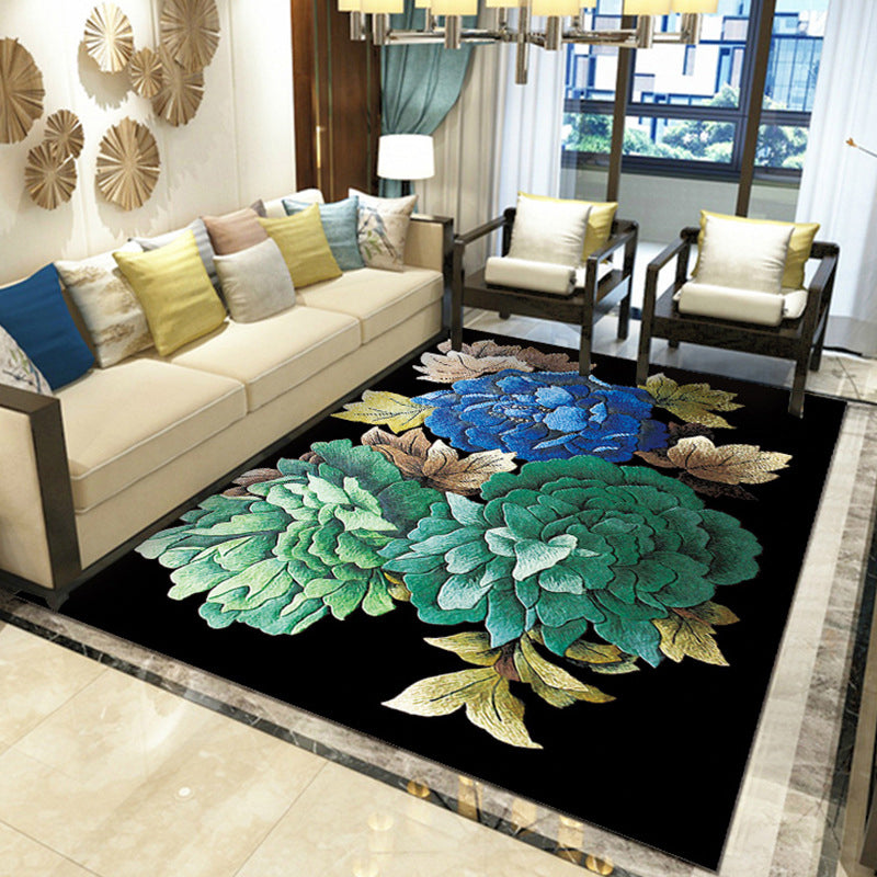 Gorgeous Multi Colored Modern Rug Polyester Flower Blossom Rug Pet Friendly Anti-Slip Stain Resistant Carpet for Home Black-Green Clearhalo 'Area Rug' 'Modern' 'Rugs' Rug' 2171823