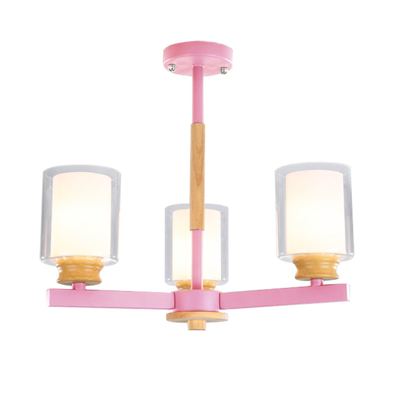 Macaron Cylinder Chandelier Pendant Light Milk Glass 3/5/6 Lights Hanging Ceiling Light in Pink/Yellow/Green for Living Room Clearhalo 'Ceiling Lights' 'Chandeliers' 'Modern Chandeliers' 'Modern' Lighting' 217208