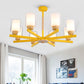 Macaron Cylinder Chandelier Pendant Light Milk Glass 3/5/6 Lights Hanging Ceiling Light in Pink/Yellow/Green for Living Room 8 Yellow Clearhalo 'Ceiling Lights' 'Chandeliers' 'Modern Chandeliers' 'Modern' Lighting' 217227