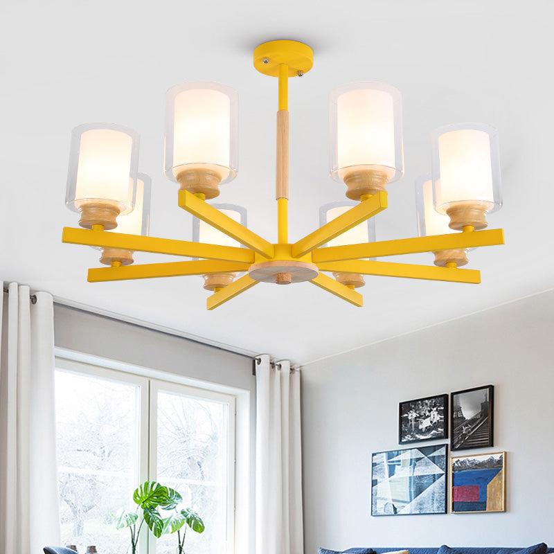 Macaron Cylinder Chandelier Pendant Light Milk Glass 3/5/6 Lights Hanging Ceiling Light in Pink/Yellow/Green for Living Room 8 Yellow Clearhalo 'Ceiling Lights' 'Chandeliers' 'Modern Chandeliers' 'Modern' Lighting' 217227