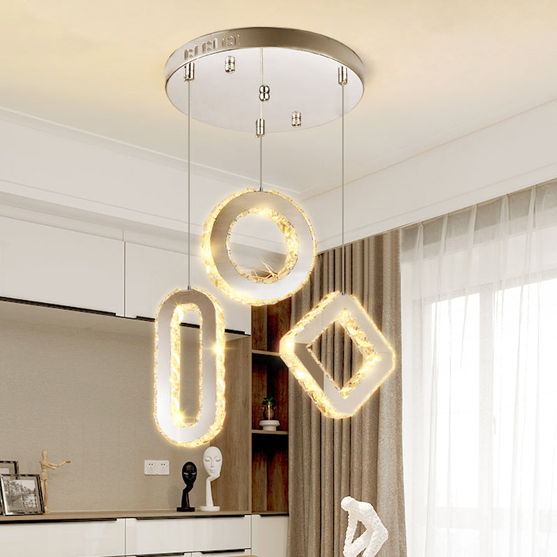 Geometric Multi Light Pendant Modern Style K9 Crystal Dining Room LED Hanging Lighting in Stainless-Steel 3 Stainless-Steel Round Clearhalo 'Ceiling Lights' 'Modern Pendants' 'Modern' 'Pendant Lights' 'Pendants' Lighting' 2172470