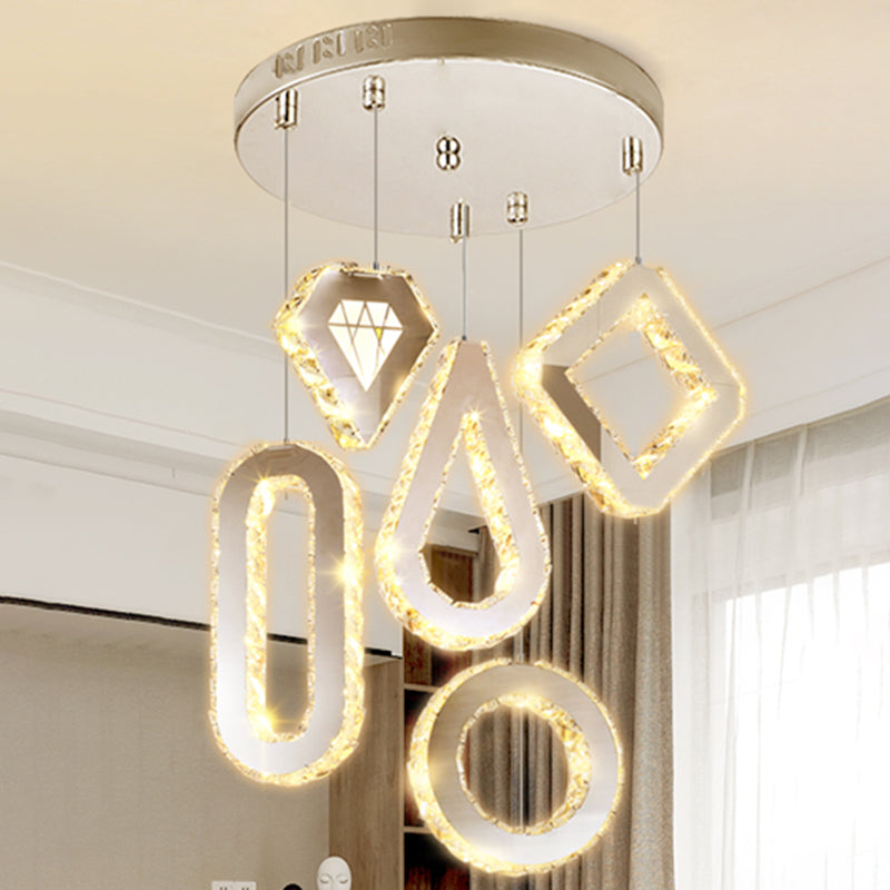 Geometric Multi Light Pendant Modern Style K9 Crystal Dining Room LED Hanging Lighting in Stainless-Steel 5 Stainless-Steel Round Clearhalo 'Ceiling Lights' 'Modern Pendants' 'Modern' 'Pendant Lights' 'Pendants' Lighting' 2172471