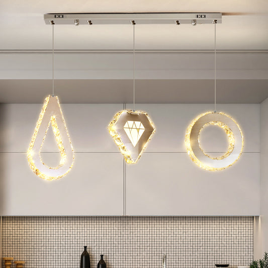 Geometric Multi Light Pendant Modern Style K9 Crystal Dining Room LED Hanging Lighting in Stainless-Steel 3 Stainless-Steel Linear Clearhalo 'Ceiling Lights' 'Modern Pendants' 'Modern' 'Pendant Lights' 'Pendants' Lighting' 2172472