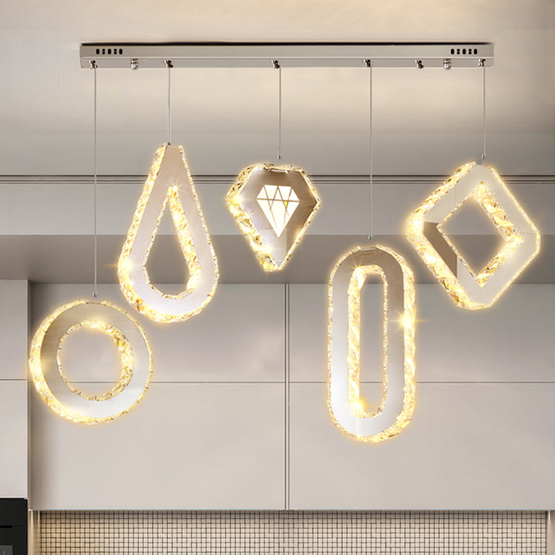 Geometric Multi Light Pendant Modern Style K9 Crystal Dining Room LED Hanging Lighting in Stainless-Steel 5 Stainless-Steel Linear Clearhalo 'Ceiling Lights' 'Modern Pendants' 'Modern' 'Pendant Lights' 'Pendants' Lighting' 2172474