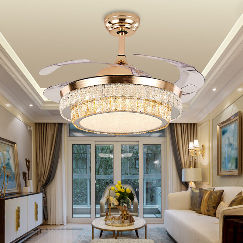 3 Blades Round LED Ceiling Fan Light Contemporary Tri-Prism Crystal Brass Semi Mount Lighting Brass 2 Tiers Clearhalo 'Ceiling Fans with Lights' 'Ceiling Fans' 'Modern Ceiling Fans' 'Modern' Lighting' 2172505