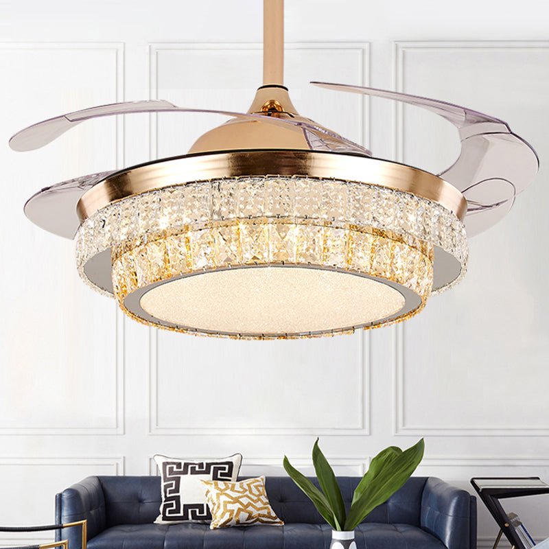 3 Blades Round LED Ceiling Fan Light Contemporary Tri-Prism Crystal Brass Semi Mount Lighting Clearhalo 'Ceiling Fans with Lights' 'Ceiling Fans' 'Modern Ceiling Fans' 'Modern' Lighting' 2172506