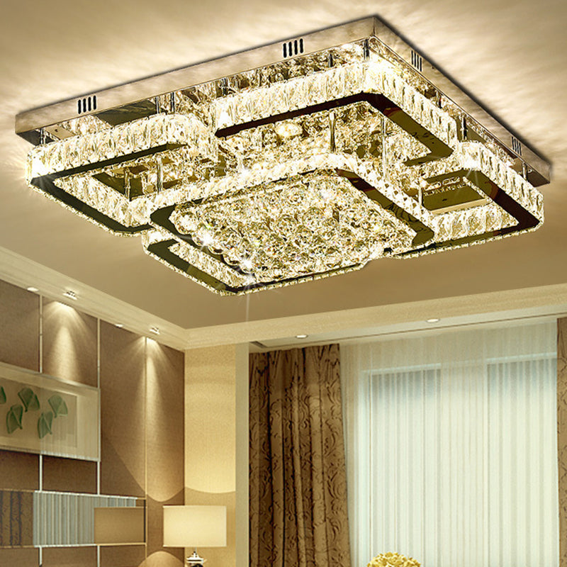 Stainless-Steel Rectangular Flush Ceiling Light Contemporary Crystal LED Flush Mount Lighting Fixture Stainless-Steel Large Square Clearhalo 'Ceiling Lights' 'Close To Ceiling Lights' 'Close to ceiling' 'Flush mount' Lighting' 2172538