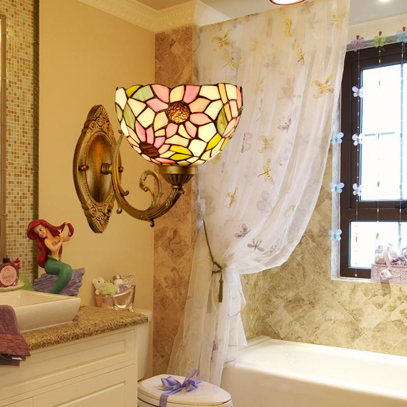 Sunflower Pattern Wall Mount Light Tiffany Stained Glass Single Gold Wall Light Fixture with Bowl Shade Clearhalo 'Industrial' 'Middle century wall lights' 'Tiffany wall lights' 'Tiffany' 'Wall Lamps & Sconces' 'Wall Lights' Lighting' 2172646