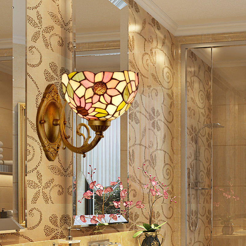 Sunflower Pattern Wall Mount Light Tiffany Stained Glass Single Gold Wall Light Fixture with Bowl Shade Clearhalo 'Industrial' 'Middle century wall lights' 'Tiffany wall lights' 'Tiffany' 'Wall Lamps & Sconces' 'Wall Lights' Lighting' 2172647