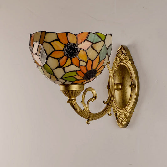 Sunflower Pattern Wall Mount Light Tiffany Stained Glass Single Gold Wall Light Fixture with Bowl Shade Clearhalo 'Industrial' 'Middle century wall lights' 'Tiffany wall lights' 'Tiffany' 'Wall Lamps & Sconces' 'Wall Lights' Lighting' 2172648