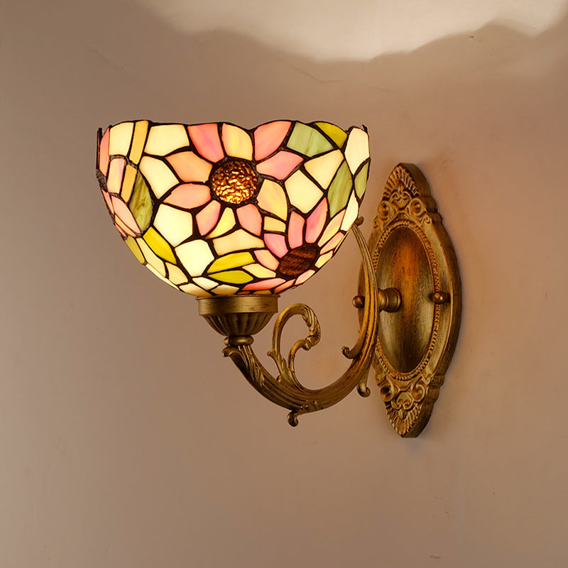 Sunflower Pattern Wall Mount Light Tiffany Stained Glass Single Gold Wall Light Fixture with Bowl Shade Clearhalo 'Industrial' 'Middle century wall lights' 'Tiffany wall lights' 'Tiffany' 'Wall Lamps & Sconces' 'Wall Lights' Lighting' 2172649