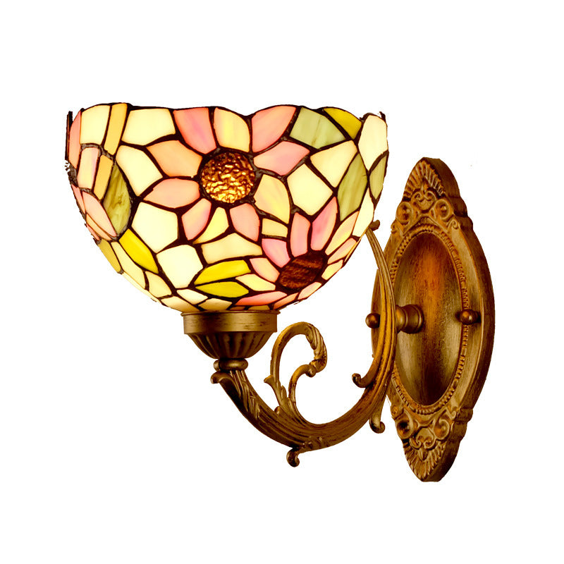 Sunflower Pattern Wall Mount Light Tiffany Stained Glass Single Gold Wall Light Fixture with Bowl Shade Gold Clearhalo 'Industrial' 'Middle century wall lights' 'Tiffany wall lights' 'Tiffany' 'Wall Lamps & Sconces' 'Wall Lights' Lighting' 2172650