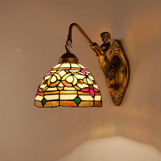 Dome Shade Floral Stained Glass Wall Light Fixture Decorative Single Gold Wall Mounted Lamp Gold Straight Clearhalo 'Industrial' 'Middle century wall lights' 'Tiffany wall lights' 'Tiffany' 'Wall Lamps & Sconces' 'Wall Lights' Lighting' 2172651