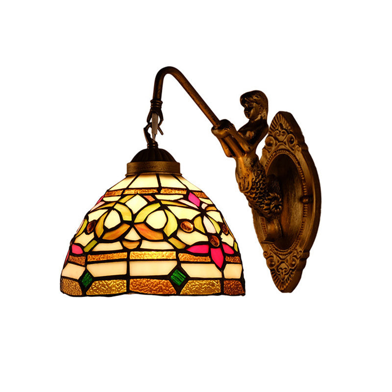 Dome Shade Floral Stained Glass Wall Light Fixture Decorative Single Gold Wall Mounted Lamp Clearhalo 'Industrial' 'Middle century wall lights' 'Tiffany wall lights' 'Tiffany' 'Wall Lamps & Sconces' 'Wall Lights' Lighting' 2172653