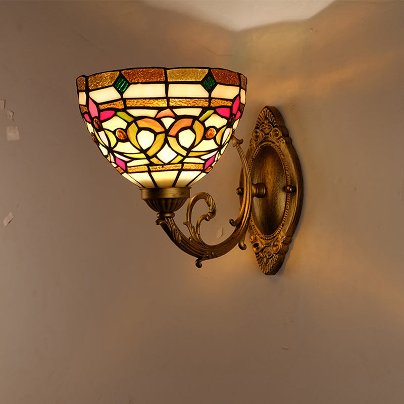 Dome Shade Floral Stained Glass Wall Light Fixture Decorative Single Gold Wall Mounted Lamp Gold Curved Clearhalo 'Industrial' 'Middle century wall lights' 'Tiffany wall lights' 'Tiffany' 'Wall Lamps & Sconces' 'Wall Lights' Lighting' 2172654