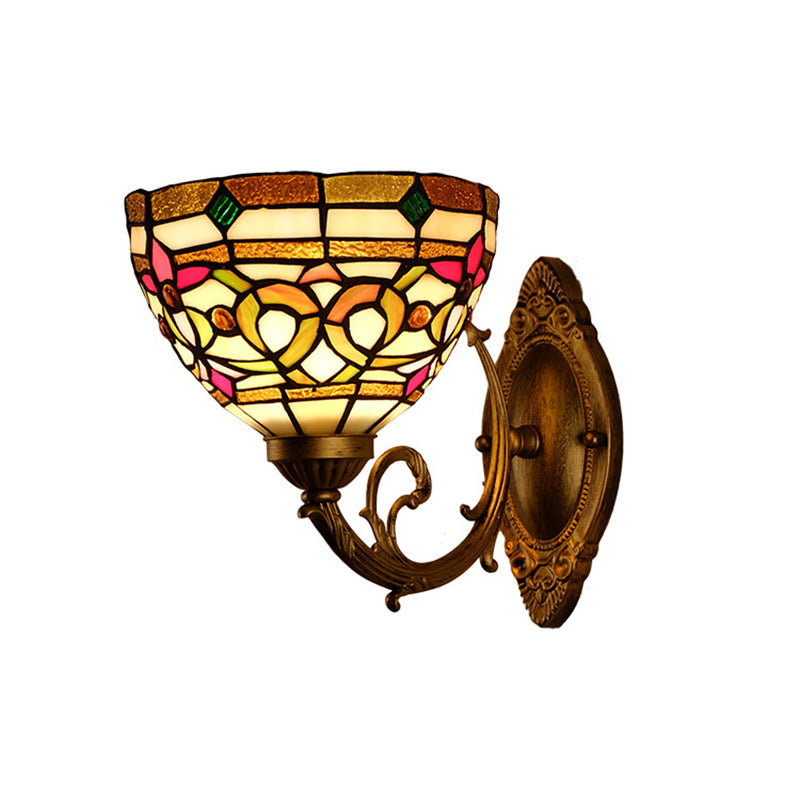 Dome Shade Floral Stained Glass Wall Light Fixture Decorative Single Gold Wall Mounted Lamp Clearhalo 'Industrial' 'Middle century wall lights' 'Tiffany wall lights' 'Tiffany' 'Wall Lamps & Sconces' 'Wall Lights' Lighting' 2172655