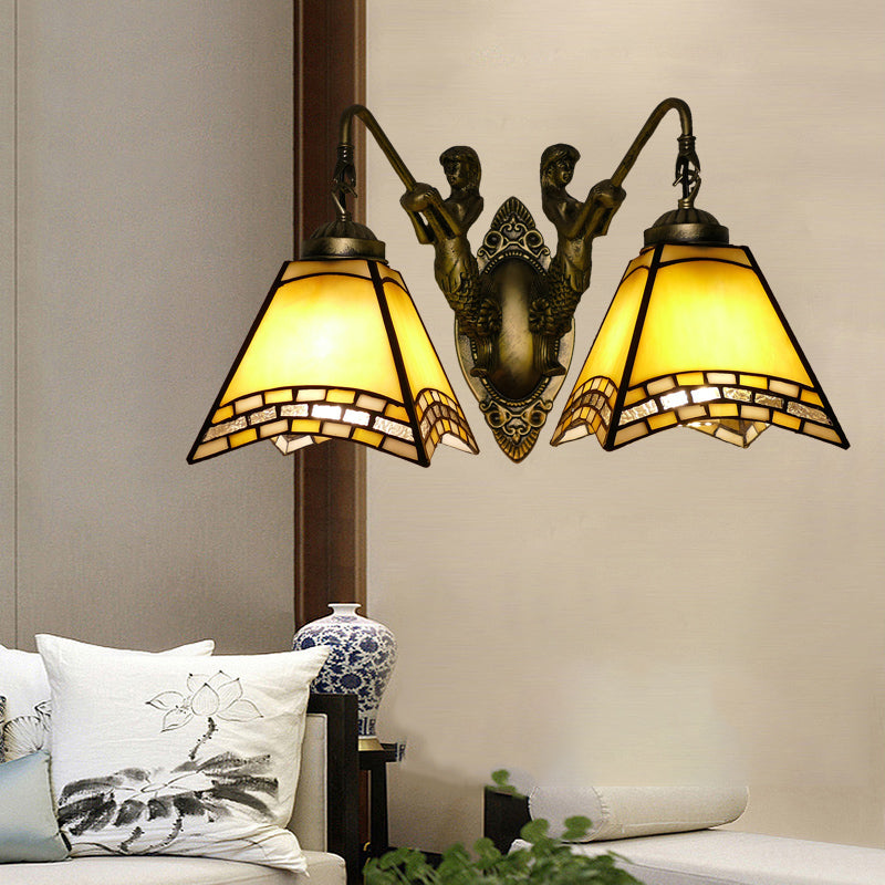 Mediterranean Tapered Wall Mount Light Stained Art Glass Vanity Lighting for Bathroom 2.0 Beige Clearhalo 'Industrial' 'Middle century wall lights' 'Tiffany wall lights' 'Tiffany' 'Wall Lamps & Sconces' 'Wall Lights' Lighting' 2172657