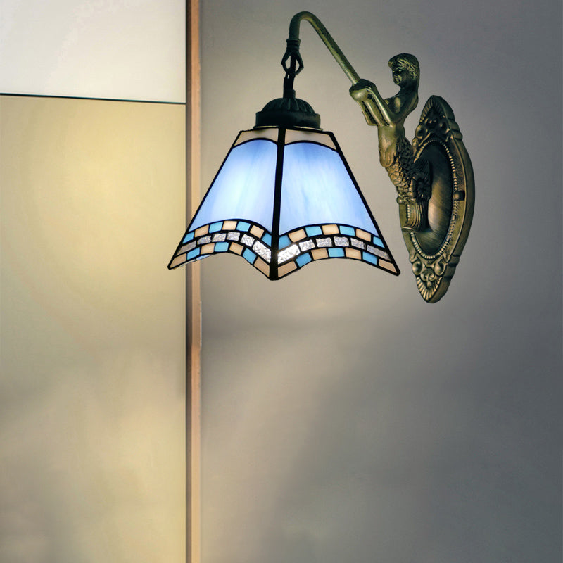 Mediterranean Tapered Wall Mount Light Stained Art Glass Vanity Lighting for Bathroom 1.0 Blue Clearhalo 'Industrial' 'Middle century wall lights' 'Tiffany wall lights' 'Tiffany' 'Wall Lamps & Sconces' 'Wall Lights' Lighting' 2172658
