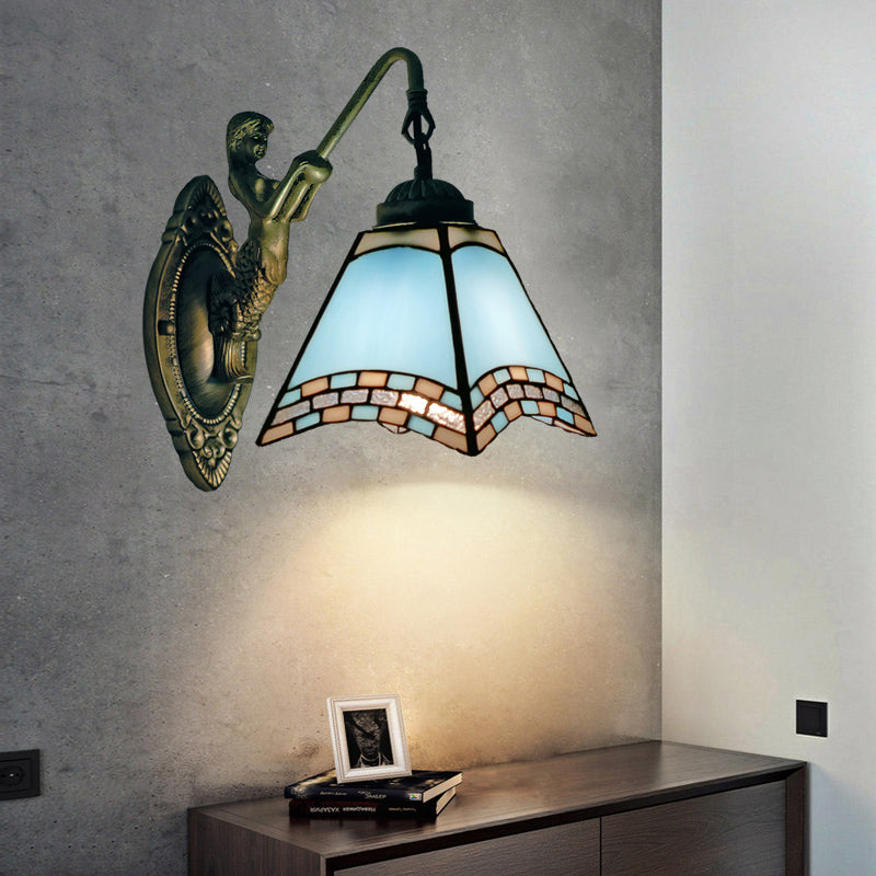 Mediterranean Tapered Wall Mount Light Stained Art Glass Vanity Lighting for Bathroom 1.0 Sky Blue Clearhalo 'Industrial' 'Middle century wall lights' 'Tiffany wall lights' 'Tiffany' 'Wall Lamps & Sconces' 'Wall Lights' Lighting' 2172661