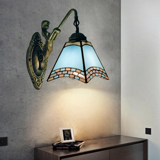 Mediterranean Tapered Wall Mount Light Stained Art Glass Vanity Lighting for Bathroom 1.0 Sky Blue Clearhalo 'Industrial' 'Middle century wall lights' 'Tiffany wall lights' 'Tiffany' 'Wall Lamps & Sconces' 'Wall Lights' Lighting' 2172661