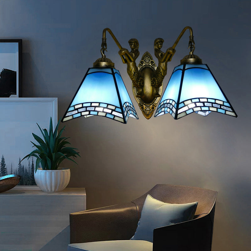 Mediterranean Tapered Wall Mount Light Stained Art Glass Vanity Lighting for Bathroom 2.0 Sky Blue Clearhalo 'Industrial' 'Middle century wall lights' 'Tiffany wall lights' 'Tiffany' 'Wall Lamps & Sconces' 'Wall Lights' Lighting' 2172662