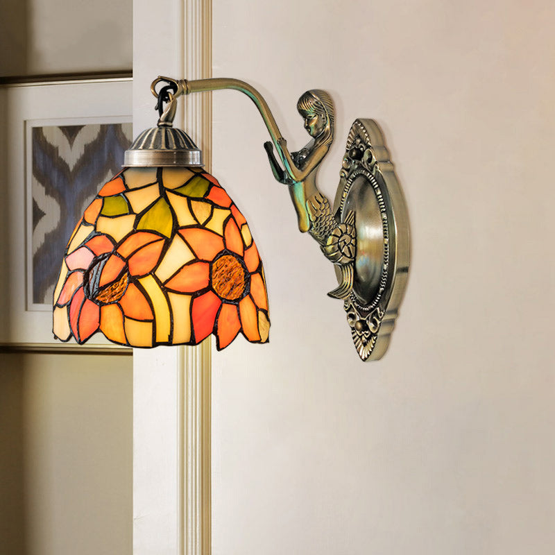 Bell Shade Wall Mount Light Stained Glass Vintage Wall Light Fixture with Mermaid Decor 1.0 Orange Clearhalo 'Industrial' 'Middle century wall lights' 'Tiffany wall lights' 'Tiffany' 'Wall Lamps & Sconces' 'Wall Lights' Lighting' 2172673