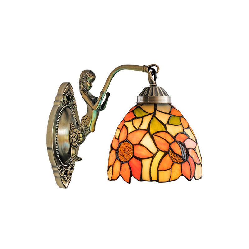 Bell Shade Wall Mount Light Stained Glass Vintage Wall Light Fixture with Mermaid Decor Clearhalo 'Industrial' 'Middle century wall lights' 'Tiffany wall lights' 'Tiffany' 'Wall Lamps & Sconces' 'Wall Lights' Lighting' 2172674