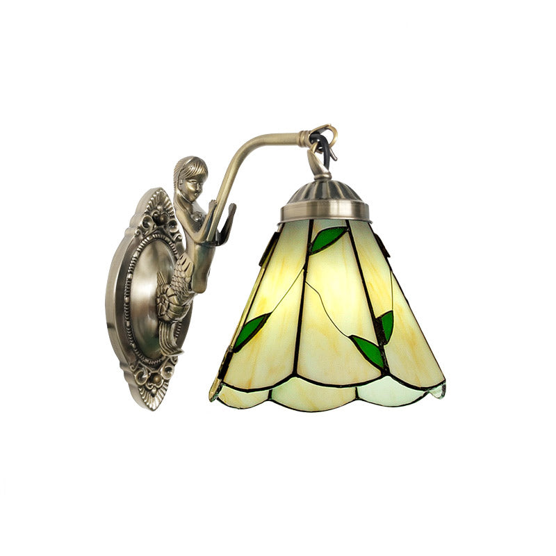 Bell Shade Wall Mount Light Stained Glass Vintage Wall Light Fixture with Mermaid Decor 1.0 Beige Clearhalo 'Industrial' 'Middle century wall lights' 'Tiffany wall lights' 'Tiffany' 'Wall Lamps & Sconces' 'Wall Lights' Lighting' 2172676