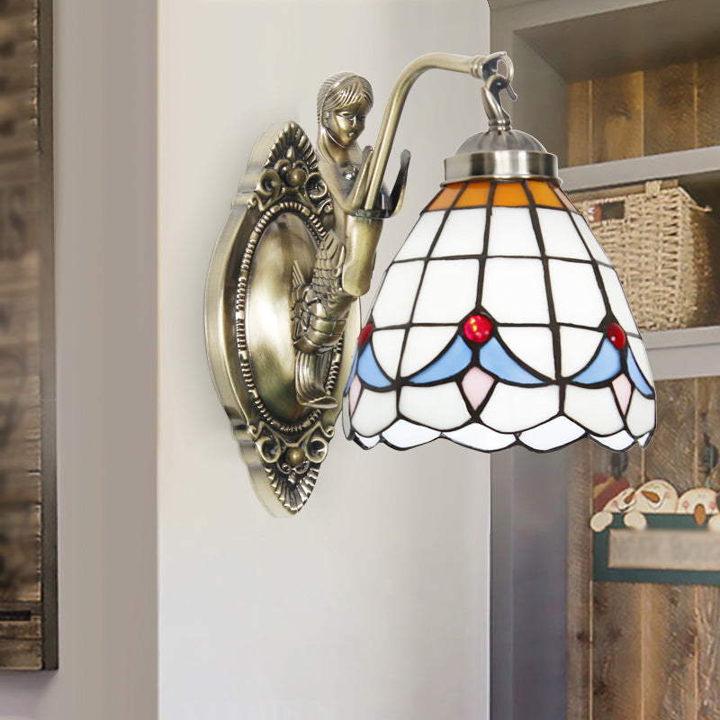 Bell Shade Wall Mount Light Stained Glass Vintage Wall Light Fixture with Mermaid Decor 1.0 Red Clearhalo 'Industrial' 'Middle century wall lights' 'Tiffany wall lights' 'Tiffany' 'Wall Lamps & Sconces' 'Wall Lights' Lighting' 2172679