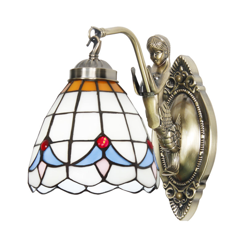 Bell Shade Wall Mount Light Stained Glass Vintage Wall Light Fixture with Mermaid Decor Clearhalo 'Industrial' 'Middle century wall lights' 'Tiffany wall lights' 'Tiffany' 'Wall Lamps & Sconces' 'Wall Lights' Lighting' 2172680