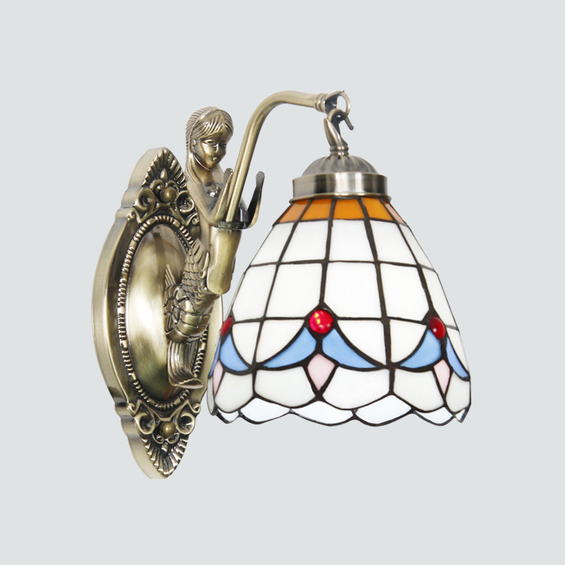 Bell Shade Wall Mount Light Stained Glass Vintage Wall Light Fixture with Mermaid Decor Clearhalo 'Industrial' 'Middle century wall lights' 'Tiffany wall lights' 'Tiffany' 'Wall Lamps & Sconces' 'Wall Lights' Lighting' 2172681