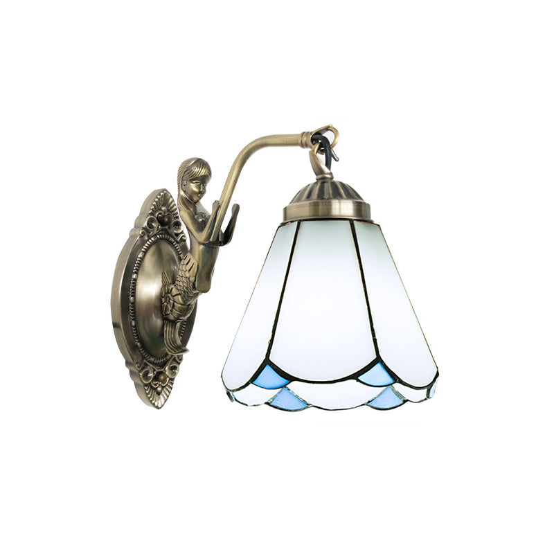 Bell Shade Wall Mount Light Stained Glass Vintage Wall Light Fixture with Mermaid Decor 1.0 White Clearhalo 'Industrial' 'Middle century wall lights' 'Tiffany wall lights' 'Tiffany' 'Wall Lamps & Sconces' 'Wall Lights' Lighting' 2172683
