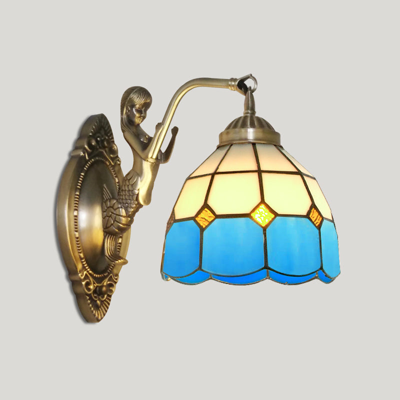 Bell Shade Wall Mount Light Stained Glass Vintage Wall Light Fixture with Mermaid Decor 1.0 Sky Blue Clearhalo 'Industrial' 'Middle century wall lights' 'Tiffany wall lights' 'Tiffany' 'Wall Lamps & Sconces' 'Wall Lights' Lighting' 2172685